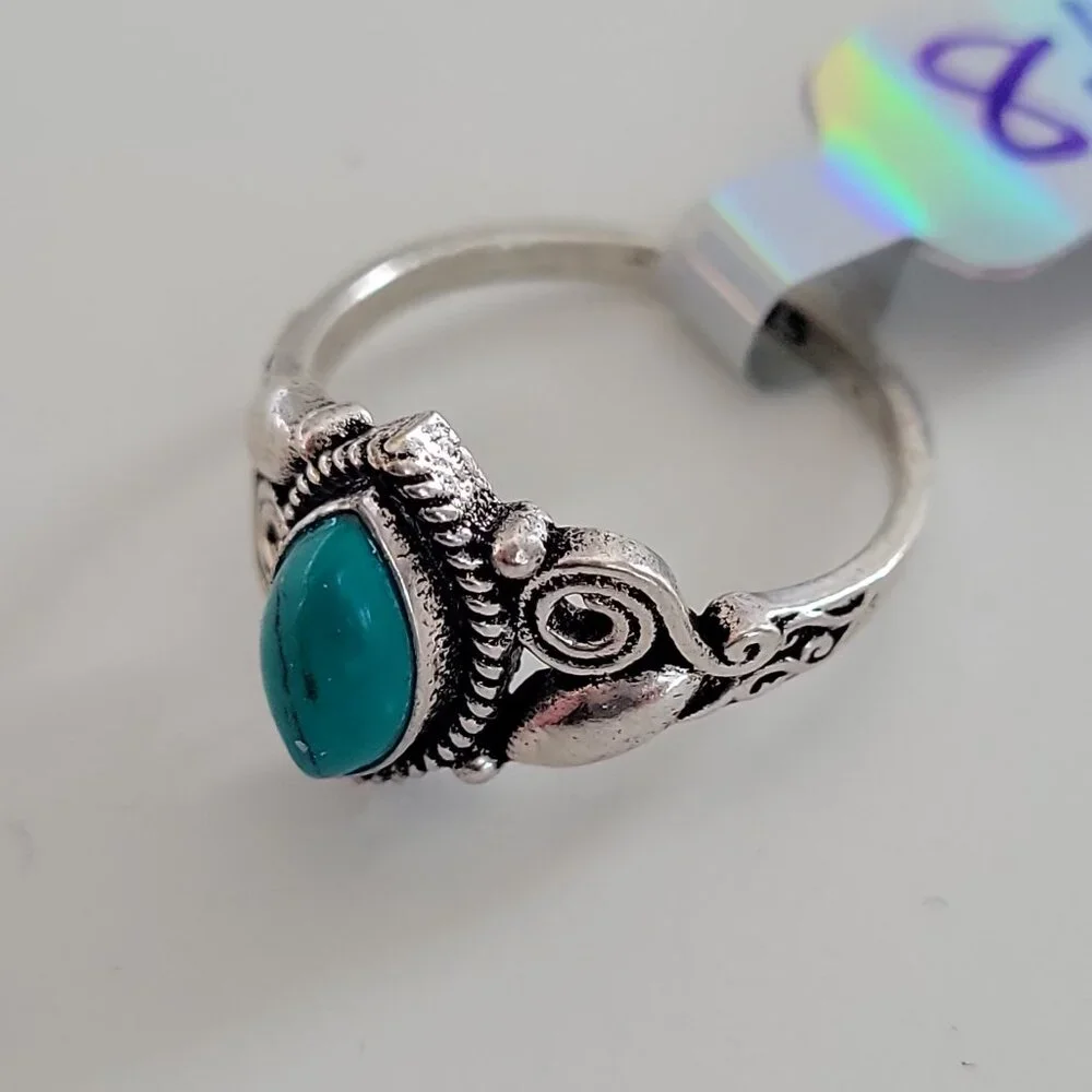 925 Sterling Silver Turquoise Teardrop Ring Vintage Filigree Size 8 - Picture 2 of 2